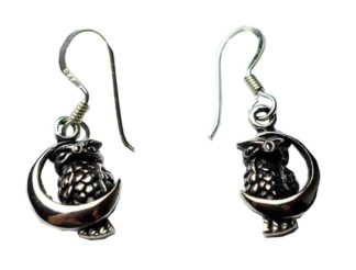 Silver Earring Owl on Moon
