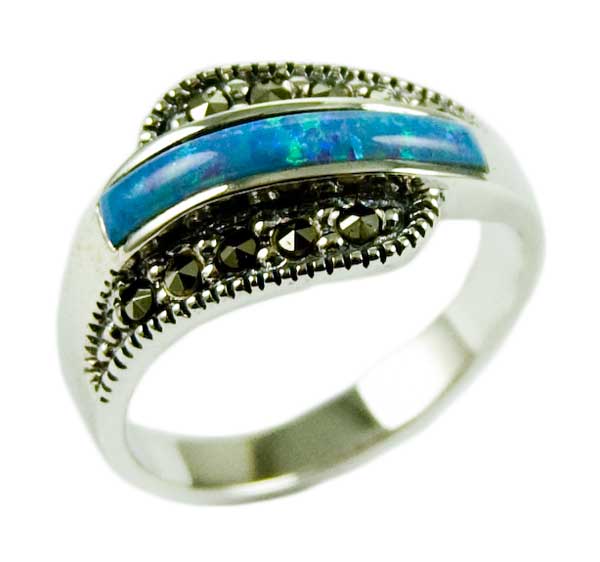 Silver Ring Marcasite Blue Opal