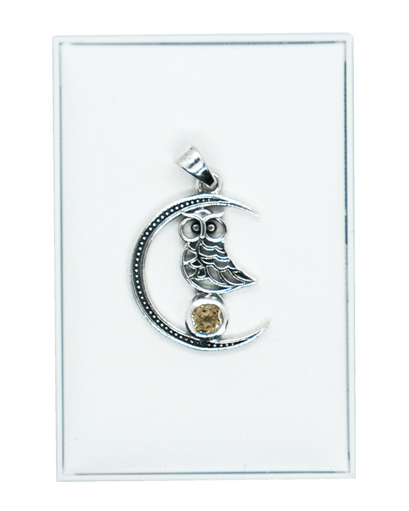 Silver Pendant Moon Owl Citrine