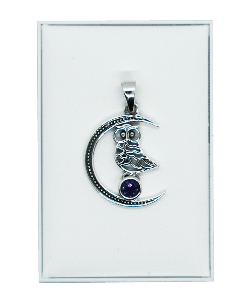Silver Pendant Moon Owl Amethyst