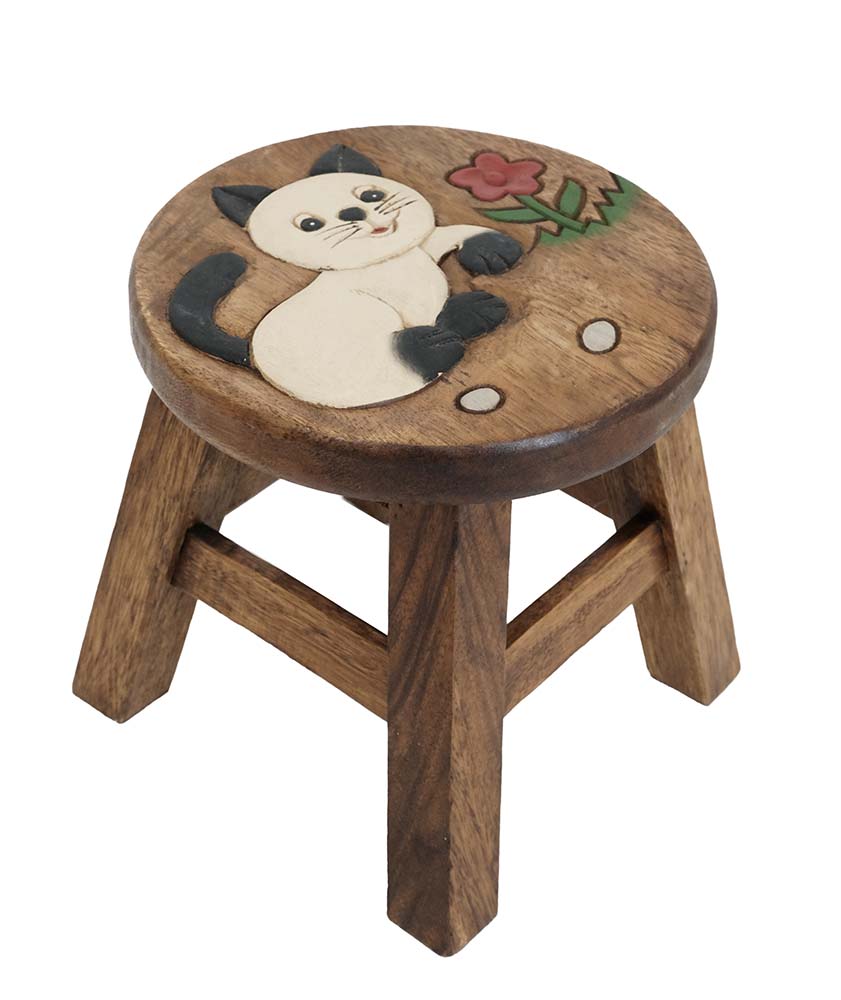 Stool Wooden Cat White Flower