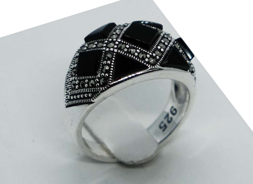 Silver Ring Marcasite Onyx Stones