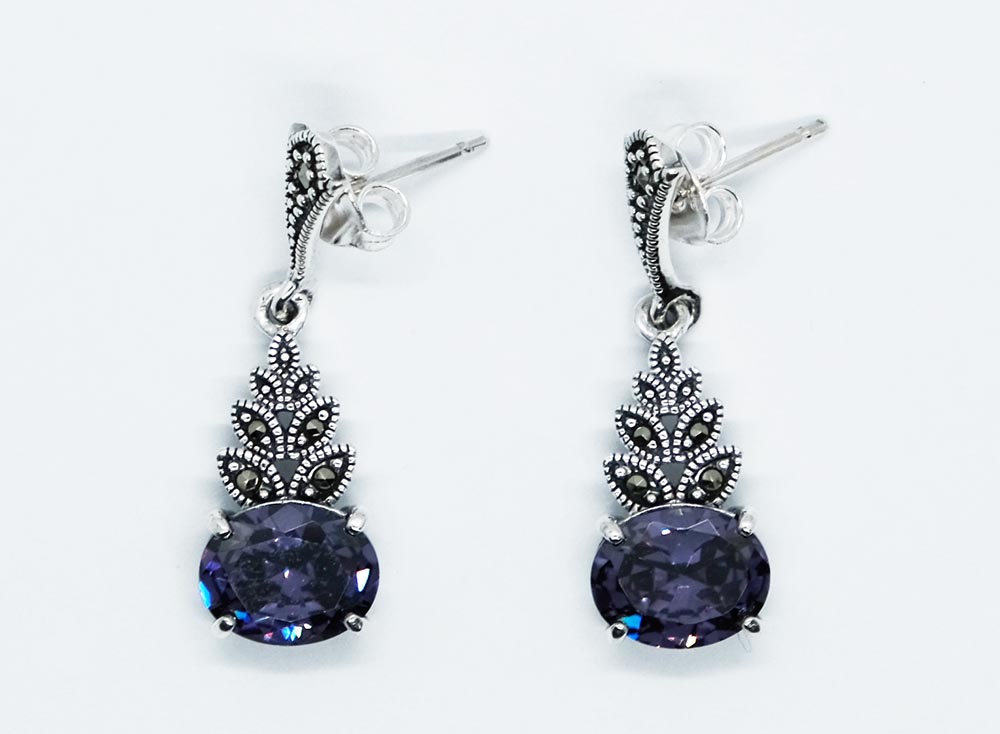 Silver Earring CZ Amethyst Oval