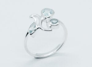 Silver Ring Leaves Blue Topaz