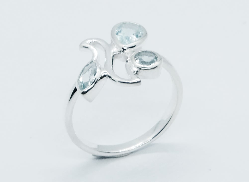 Silver Ring Leaves Blue Topaz