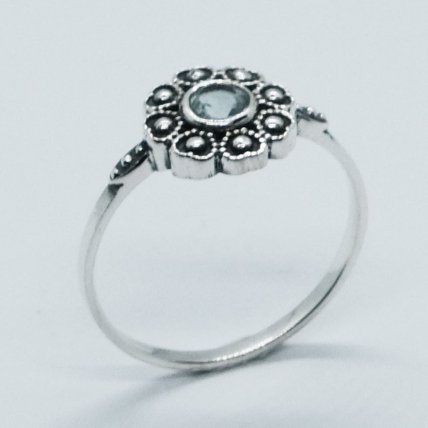 Silver Ring Flower Blue Topaz