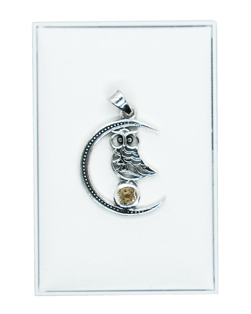 Silver Pendant Moon Owl Citrine