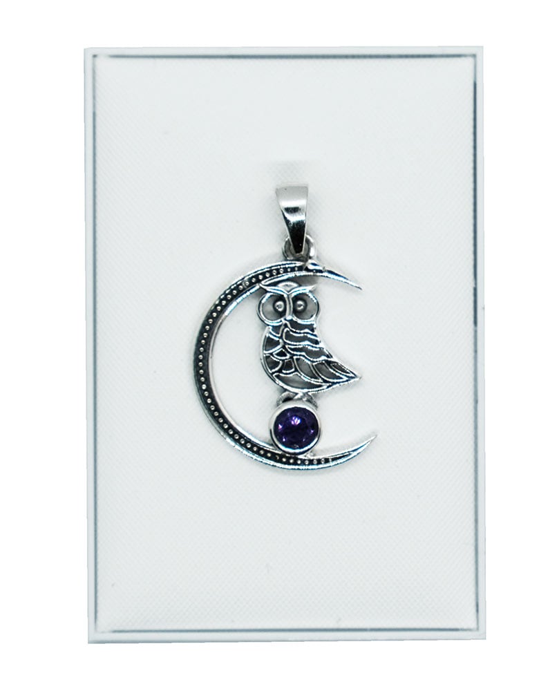 Silver Pendant Moon Owl Amethyst