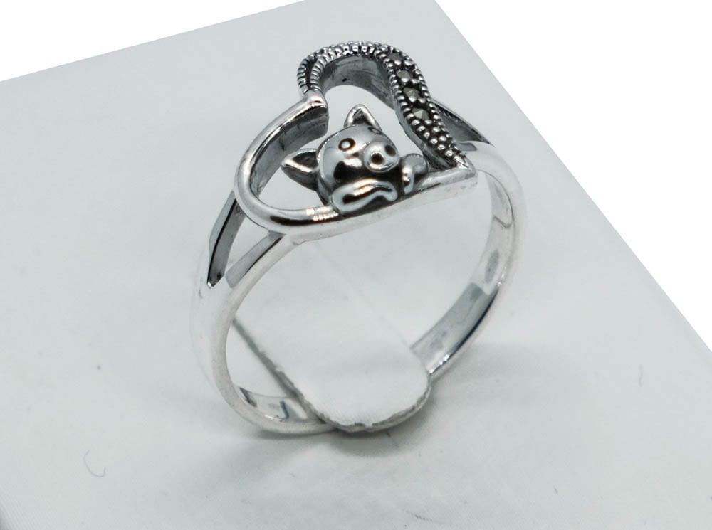 Silver Ring Marcasite Heart Bear