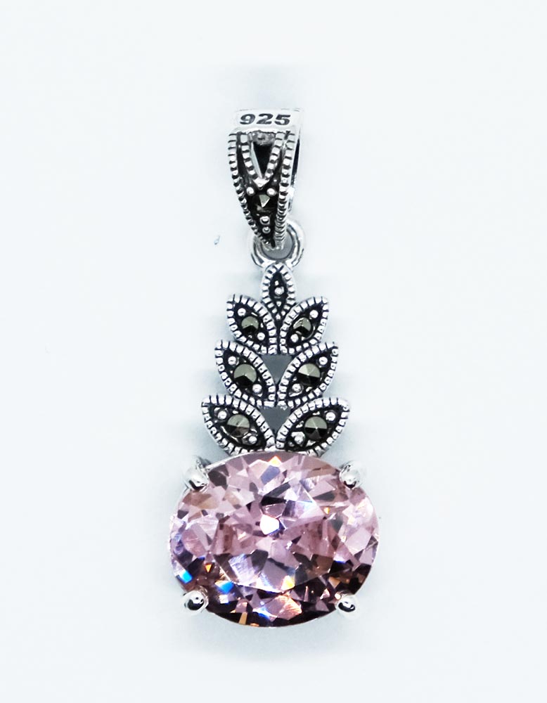 Silver Pendant CZ Pink Oval