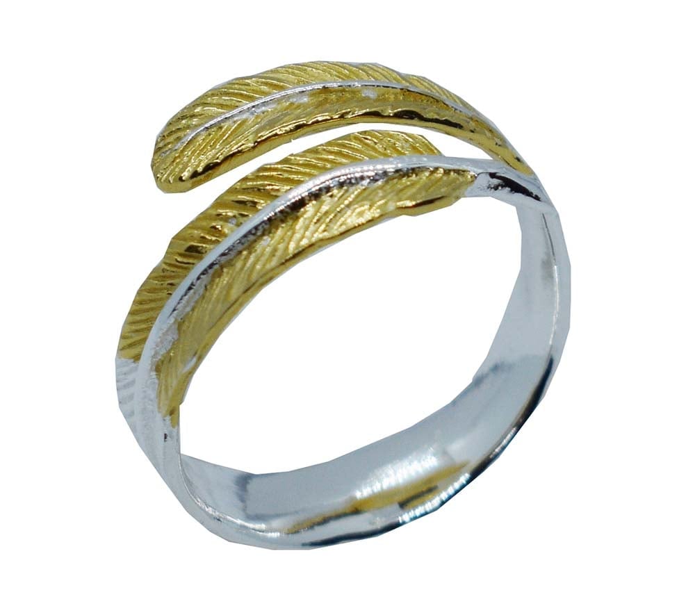 Silver Ring Feathers 2 Tone Gold Plated