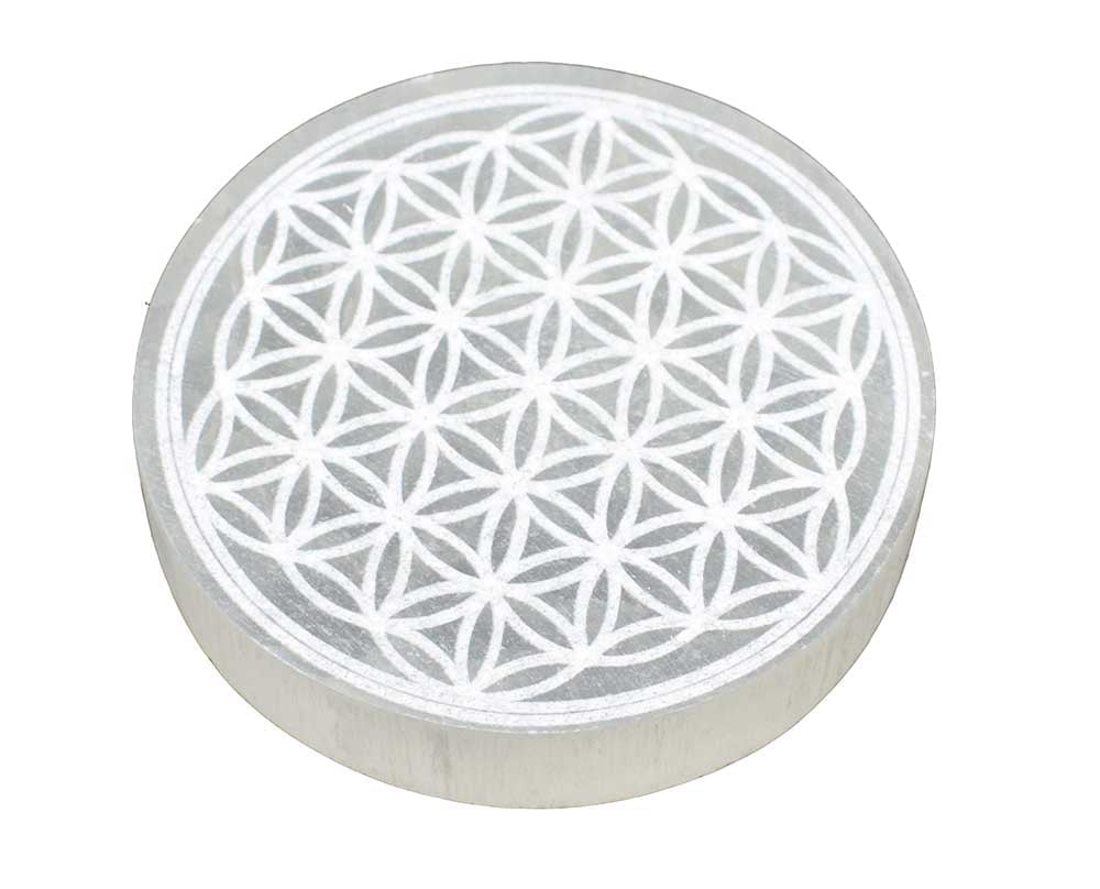 Selenite Disc With Flower of Life 10cm