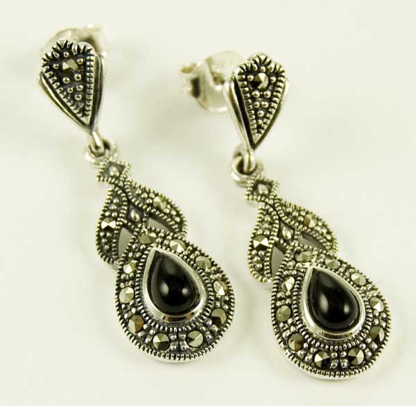 Silver Earring Marcasite Onyx
