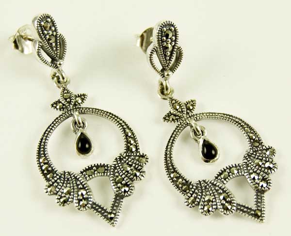 Silver Earring Marcasite Onyx